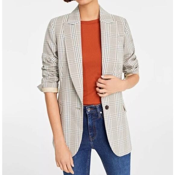 On 34th Women Single Button Front Blazer 14 Beige Plaid Academia Casual Workwear - Picture 1 of 12